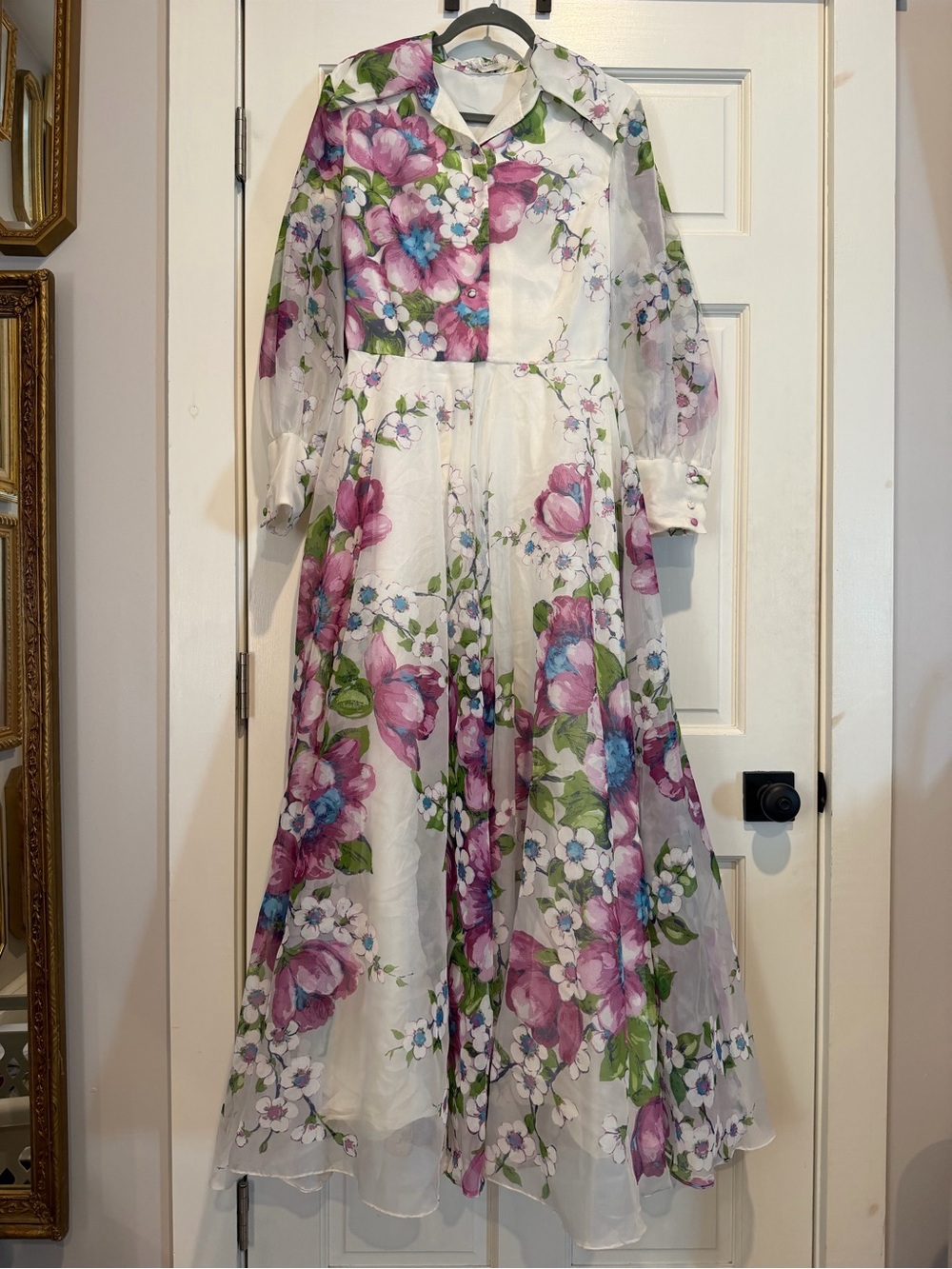 Vintage COCO California 70s White Floral Long-Sleeve Party Dress